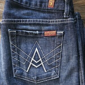 7 For All Mankind Women's Dark Blue Boot Cut Jeans with White Stitching